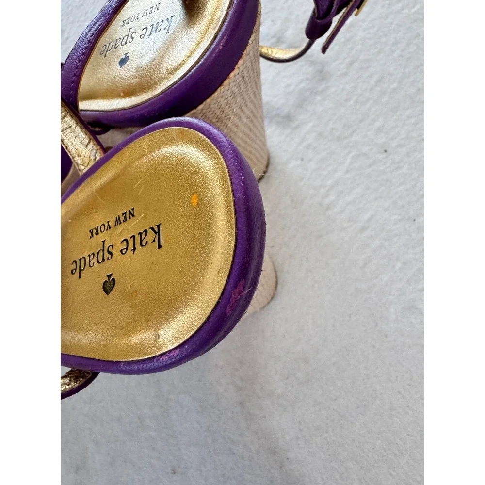 Kate Spade Alice Purple Gold Leather Wedge Espadrille Platform Sandals 8.5 Women